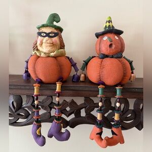 Folk Art Halloween Pumpkin Figurines with Witch and Pumpkin set of 2